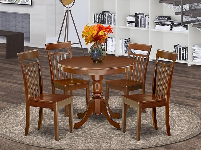 East West Furniture AANCA5-MAH-W 5 Piece Dining Room Table Set Includes a Round - Image 2