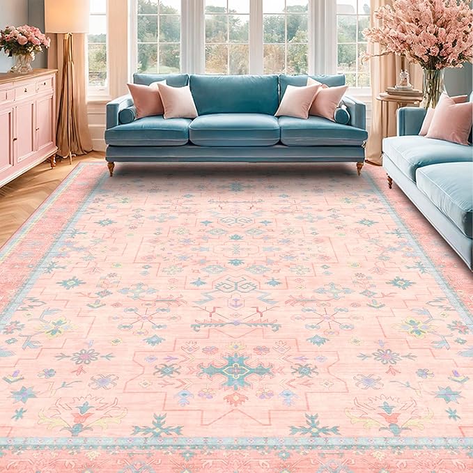 Washable Pink and Blue 7x9 Boho Rugs - Image 8