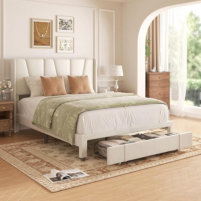 Queen Bed Frame with Storage Drawers, Upholstered Platform Bed with Headboard by VIPLOV
