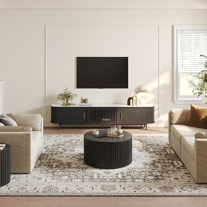 POVISON Sliding Tambour Door TV Stand, Mid Century Modern Sintered Stone TV - Image 3