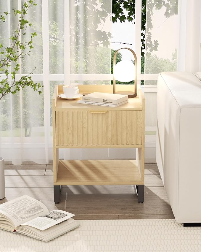 Fluted Night Stand Set 2 with Charging Station, Wood Nightstand with Large - Image 2