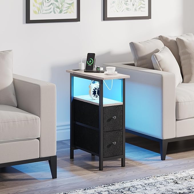 End Table with Charging Station, Narrow Side Table with 2 Fabric Drawers - Image 8