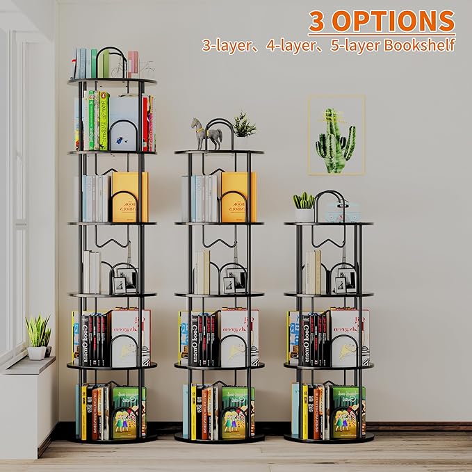 5 Tier Rotating Bookshelf, 360° Spinning Bookshelf Tower, Round Narrow Space - Image 6