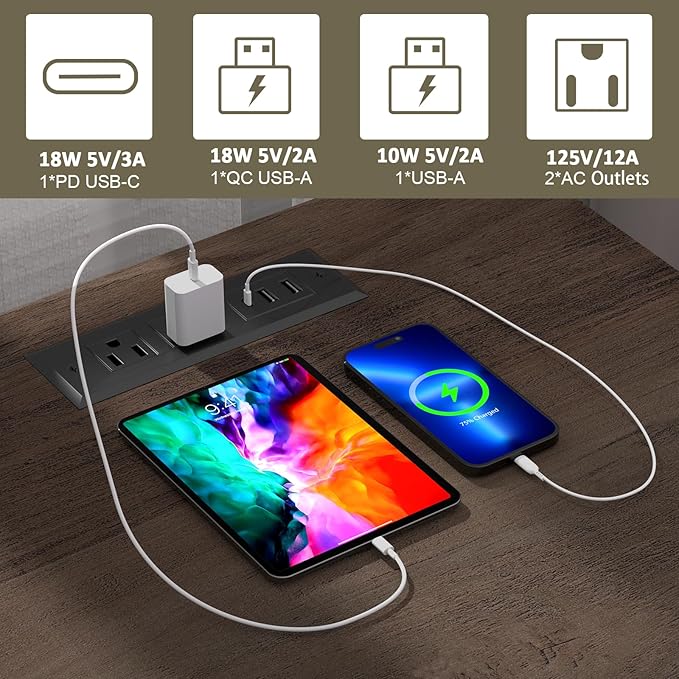 End Table with Fast USB C Charging Station, Large Storage Rustic Wood Square - Image 4