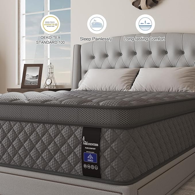 Queen Mattress, 10 Inch Euro Top Mattress Grey Hybrid Medium Firm - Image 7