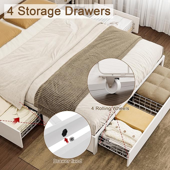 King Bed Frame with 4 Storage Drawers Bed Frame King Size with Headboard LED - Image 4