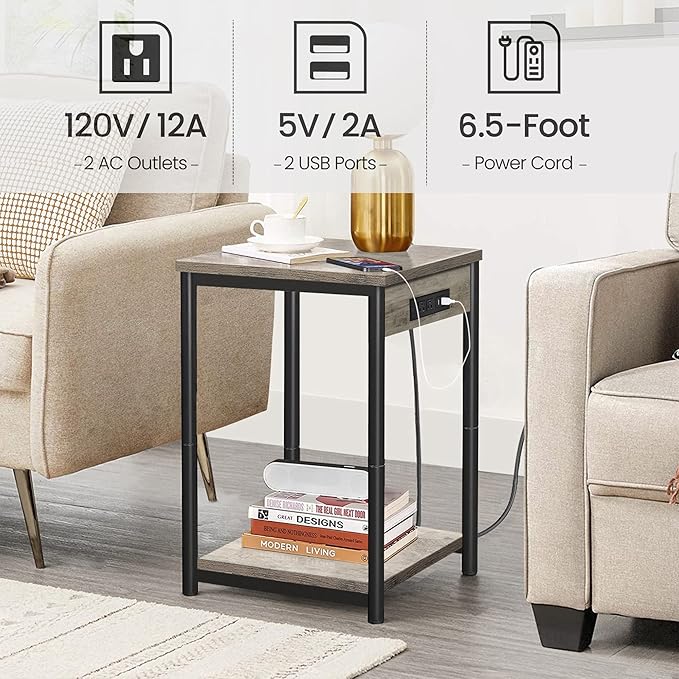 TUTOTAK End Table with Charging Station, Side Table with 2 USB Ports and 2 - Image 4