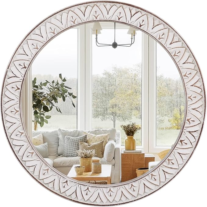 30" Round Wall Mirror, Farmhouse Wooden Frame Circle Mirrors, Rustic Large by FuxuiwyRoundWallMirror