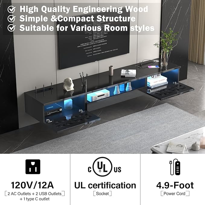 Floating TV Stand, Floating Wall Mounted TV Shelf, Modern High Gloss tv Cabinet - Image 7