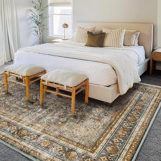 Washable Area Rug 8'x10' Retro Boho Design Non-Shedding Non-Slip Easy Care Ideal - Image 2