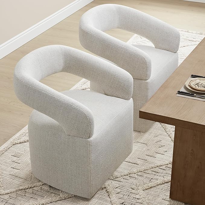 Upholstered Dining Chairs with Casters Modern Barrel Side Armchair with Rollers - Image 8