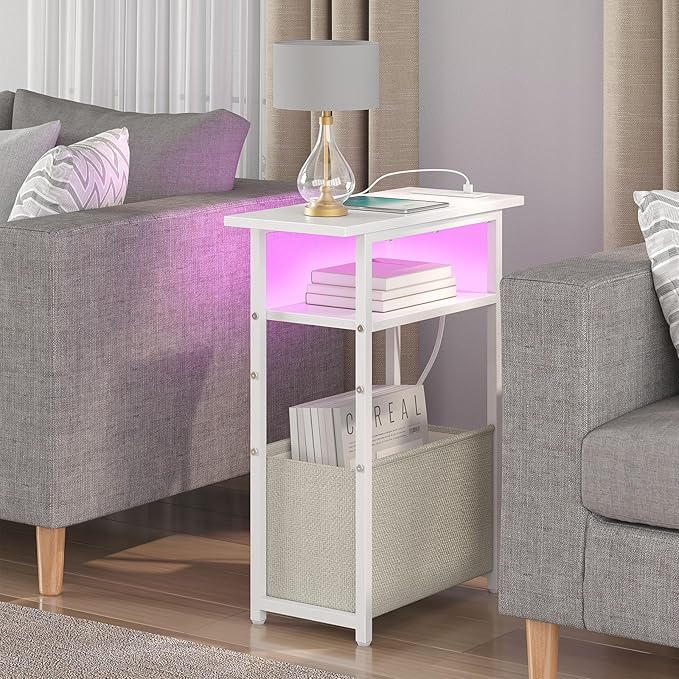 Narrow Side Table with Charging Station, LED End Table Set of 2 - Image 2