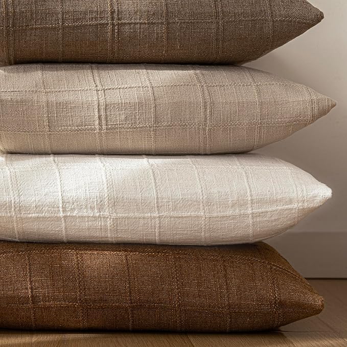 Foindtower Set of 2 Decorative Linen Check Throw Pillow Covers Neutral Long - Image 7