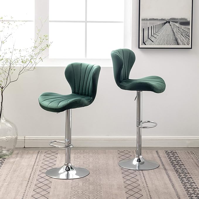 Roundhill Furniture Ellston Velvet Adjustable Swivel Barstools in Green - Image 4