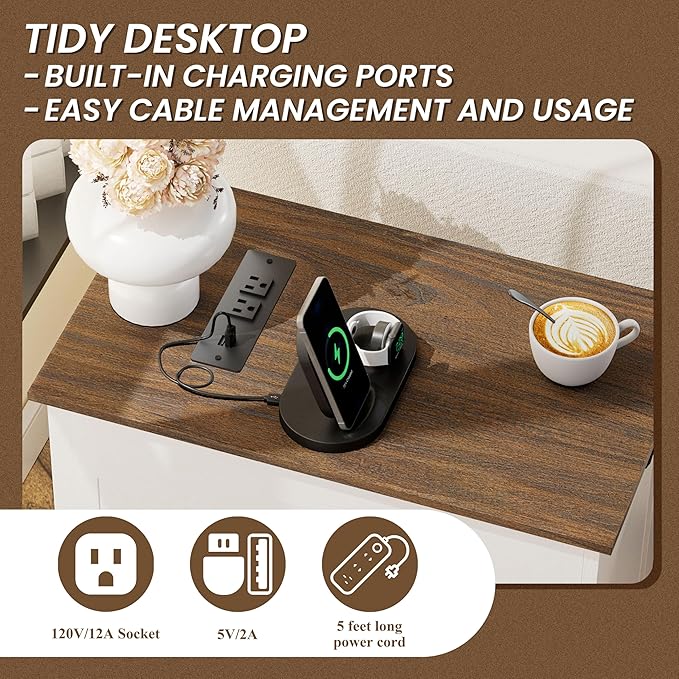 End Tables Set of 2 with Charging Station, 13.8" W Narrow Side Table with - Image 4