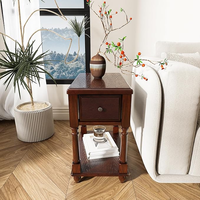 Narrow End Table with Drawer and Storage Shelf, Solid Wood Sofa Side Tables - Image 4