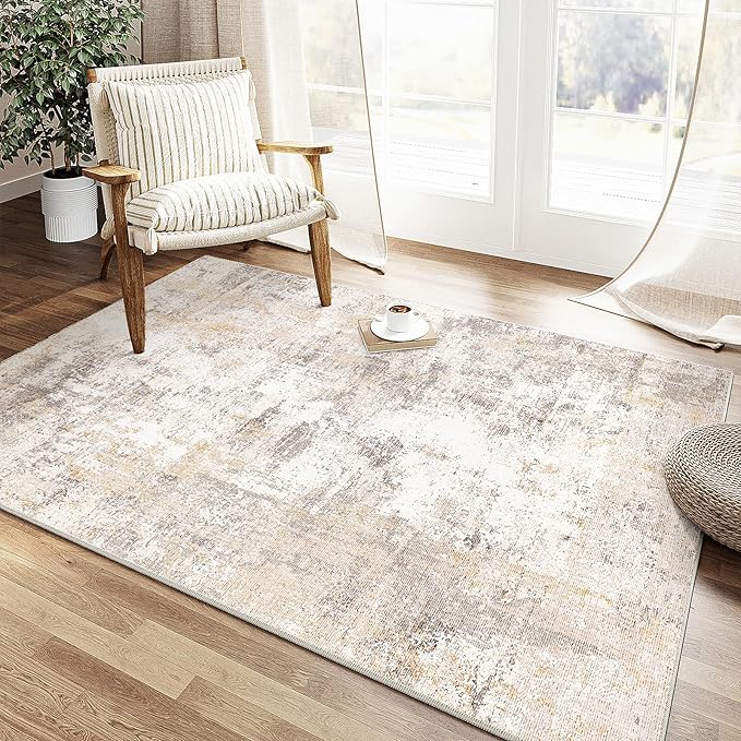 4x6 Washable Area Rug Beige Grey Neutral Abstract Entryway Kitchen Non Slip Low - Image 3