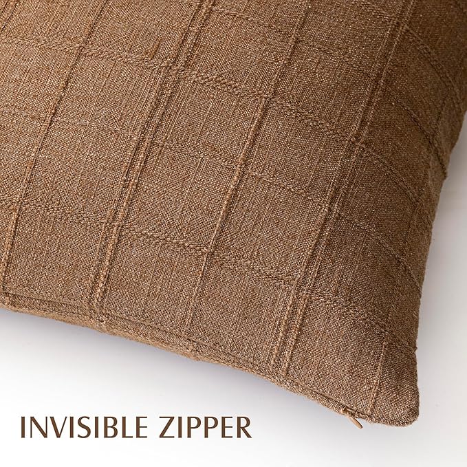 Foindtower Set of 2 Decorative Linen Check Throw Pillow Covers Neutral Long - Image 3
