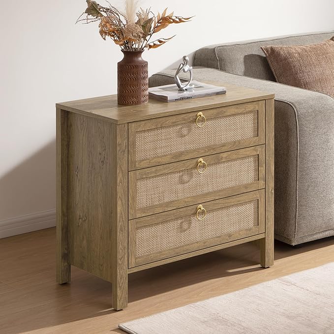 SICOTAS Night Stand with Drawers, Large Rattan Bedside Table with Golden Handle - Image 7