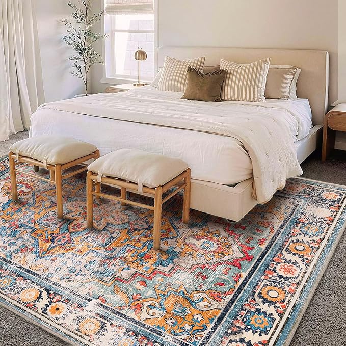 Washable Area Rug 10'x14' Boho Chic Medallion Distressed Design Non-Shedding - Image 2