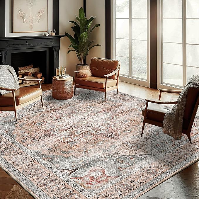 Washable Area Rug 8'x10' Light Cyan and Light red Retro Boho Design - Image 2