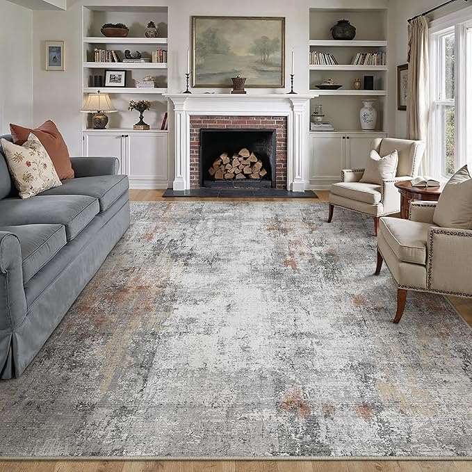 8x10 Washable Area Rug Grey Rust Modern Neutral Abstract Living Room Bedroom by WondRg