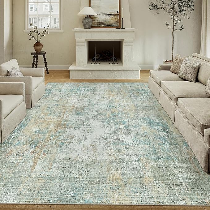 8x10 Washable Area Rug Teal Beige Modern Neutral Abstract Living Room Bedroom - Image 3