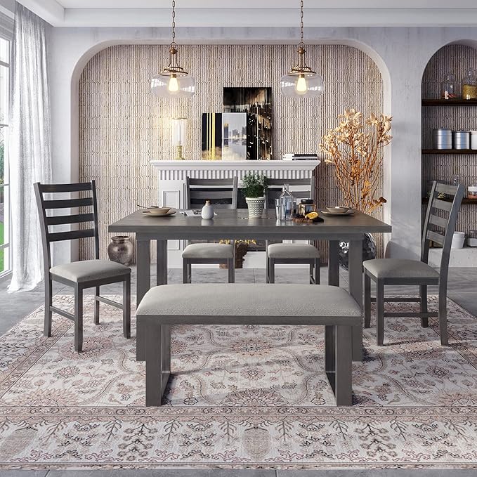 6 Pieces Dining Table Set with 60" Rectangle Kitchen Desk, Wooden Living Room - Image 3