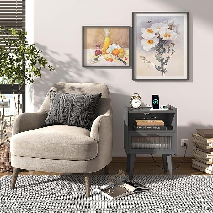 Nightstand with Charging Station, Bedside Tables Grey End Table Side Table with - Image 5
