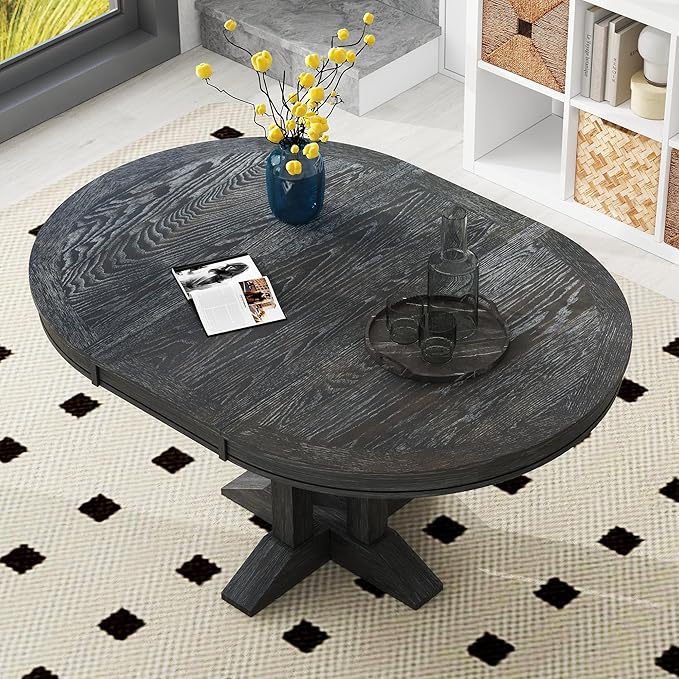 Need Extendable Farmhouse Round Dining Table, 48-60 Inch Pedestal Base Kitchen - Image 5