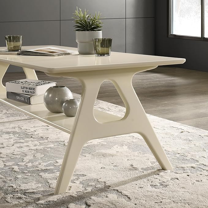 Roundhill Furniture Arona Mid-Century Modern Wood Shelf Coffee Table, Off-White - Image 5