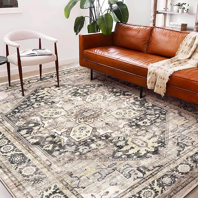 Area Rug 6'x9' Black-Purple Khaki Washable Vintage Traditional Floor Cover Thin - Image 2