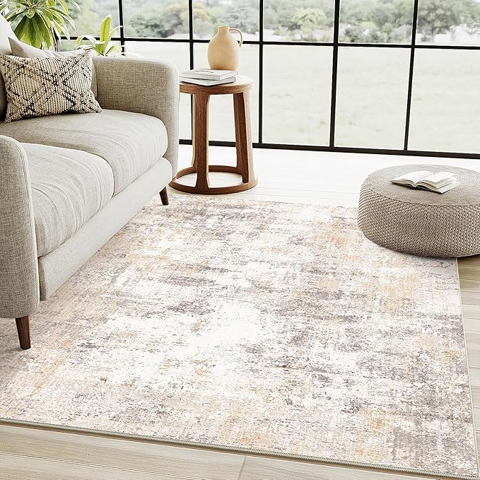 4x5 Washable Area Rug Beige Grey Neutral Abstract Entryway Kitchen Non Slip Low - Image 4