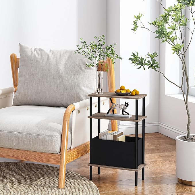 Narrow Side Table with Fabric Basket, Slim Nightstand with 3-Tier Storage Shelf - Image 4