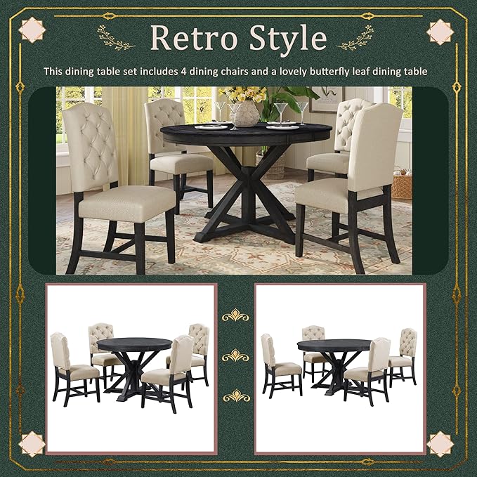 SogesPower 5-Piece Retro Dining Table Set, Round Farmhouse Kitchen Table Set - Image 6
