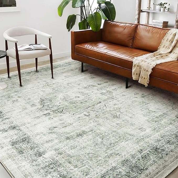 Area Rug 6'x9' Washable Floral Green Vintage Traditional Floor Cover Thin Retro by CHAMPLANT