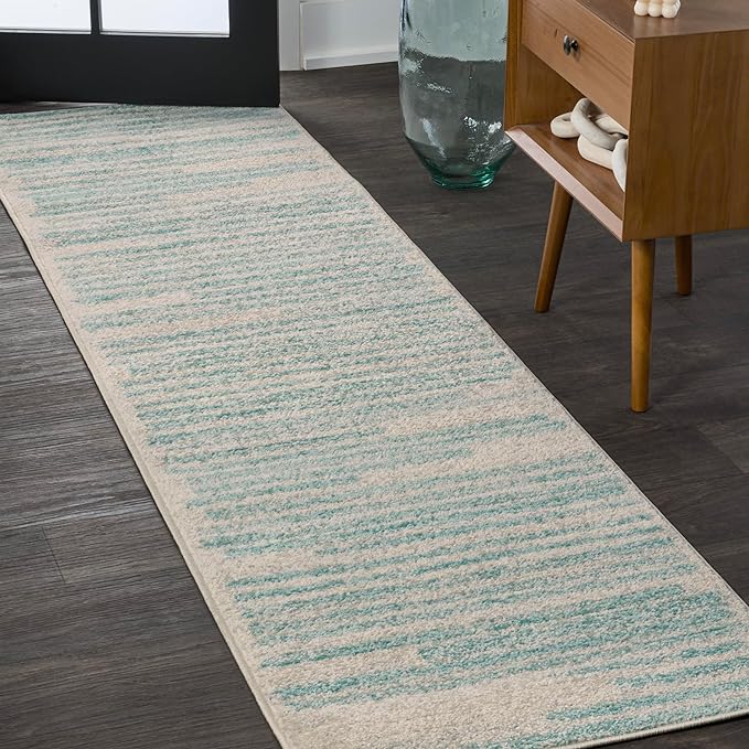 JONATHAN Y Khalil Modern Berber Stripe Cream/Turquoise Runner Rug, Contemporary by JONATHANY