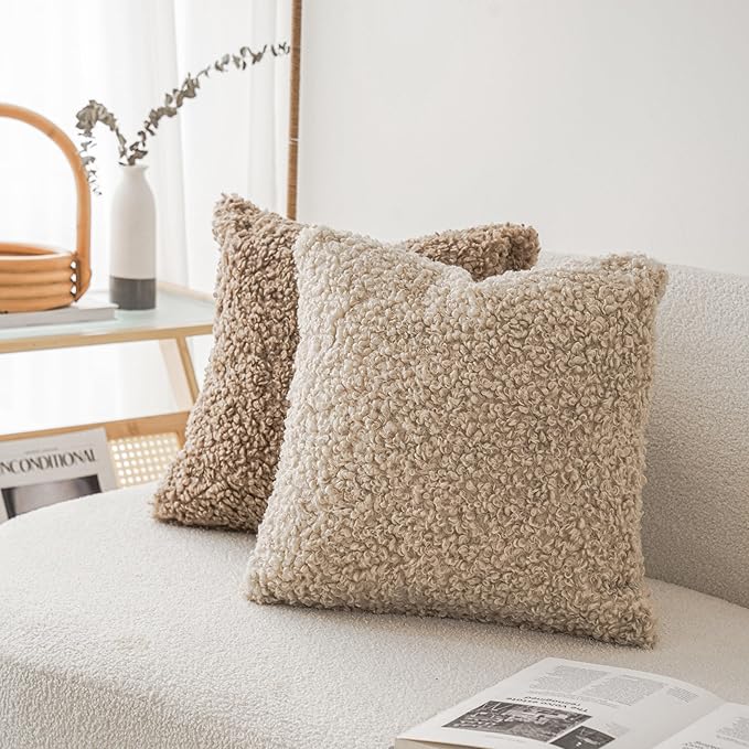 Foindtower 2 Pieces 22x22 Inch Light Khaki, Faux Fur Throw Pillow Cover Accent - Image 4