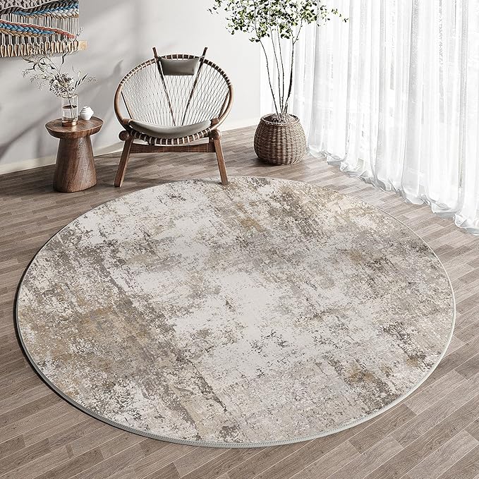 4x4 Washable Round Rug Brown Grey Neutral Abstract Entryway Non Slip Low Pile - Image 4