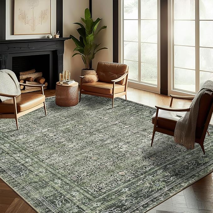 Washable Area Rug 9'x12' Retro Boho Design Non-Shedding Easy Care Ideal by CHAMPLANT