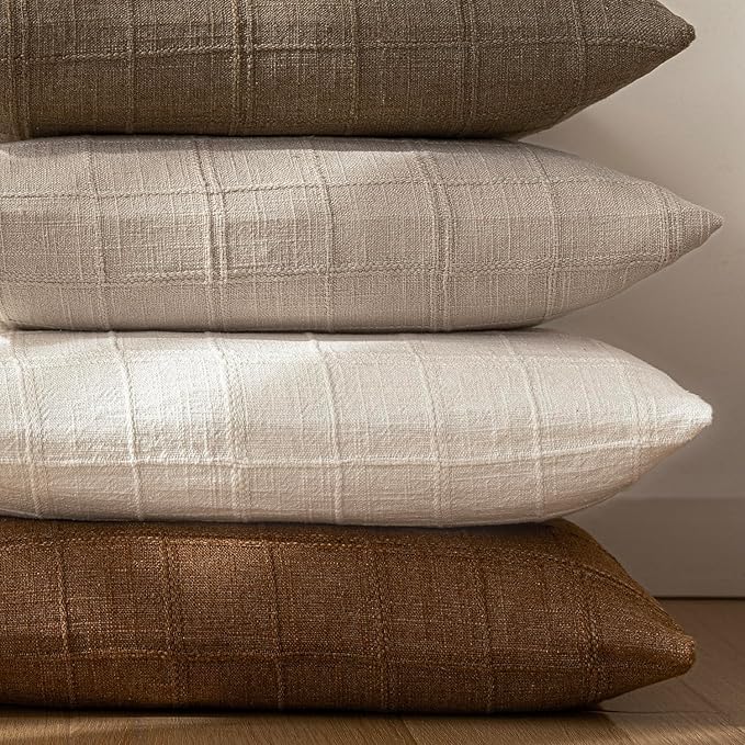 Foindtower Set of 2 Decorative Linen Check Throw Pillow Covers Neutral Long - Image 7
