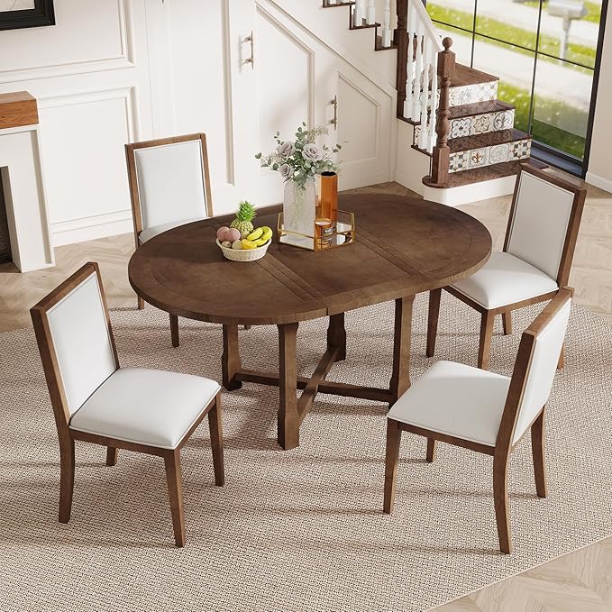Merax 5-Piece Extendable Dining Table and 4 Upholstered Chairs, Round Oval - Image 5