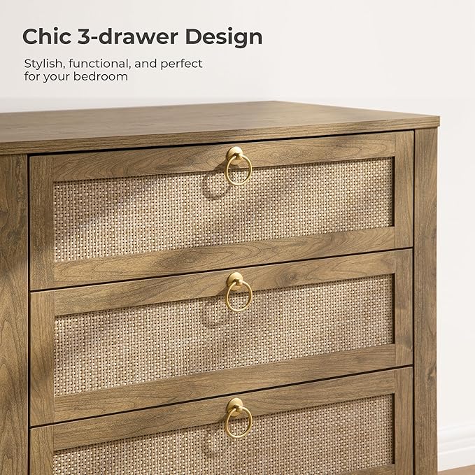 SICOTAS Night Stand with Drawers, Large Rattan Bedside Table with Golden Handle - Image 3