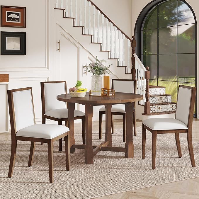 Merax 5-Piece Extendable Dining Table and 4 Upholstered Chairs, Round Oval - Image 9