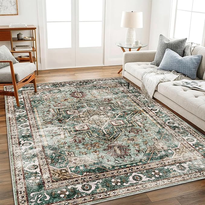 Green Area Rug 9'x12' Washable Vintage Traditional Mat Distressed Indoor by CHAMPLANT