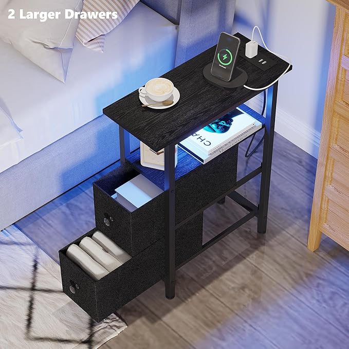 End Table with Charging Station, Narrow Side Table with 2 Fabric Drawers - Image 6