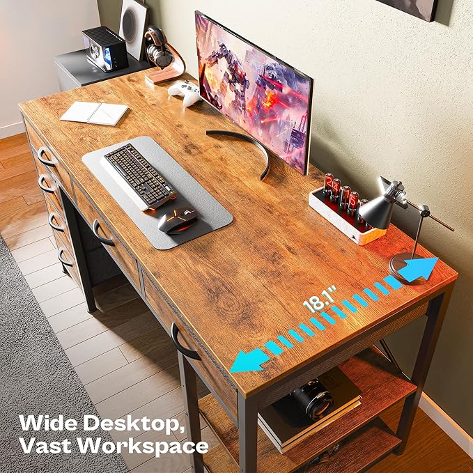 Huuger Computer Desk with 6 Drawers, 47 Inch Office Desk with Shelves, - Image 4