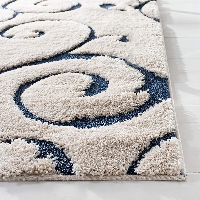 SAFAVIEH Florida Shag Collection 4' Round Cream/Blue SG455 Scrolling Vine - Image 2