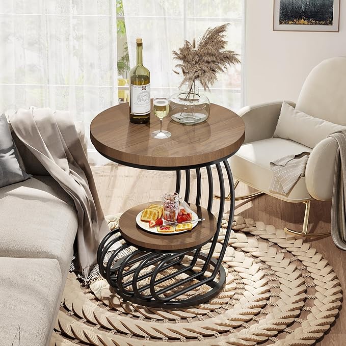 Tribesigns Round End Side Table: 2 Tiers Side Table Set of 2, Vintage End Table - Image 4