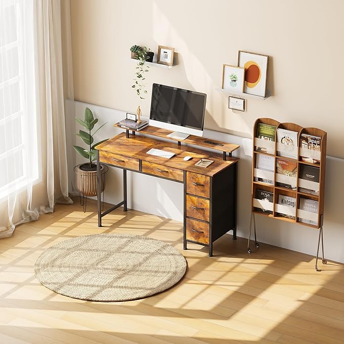 Computer Desk with 5 Drawers, Gaming Desk with LED Lights Power Outlets and - Image 2
